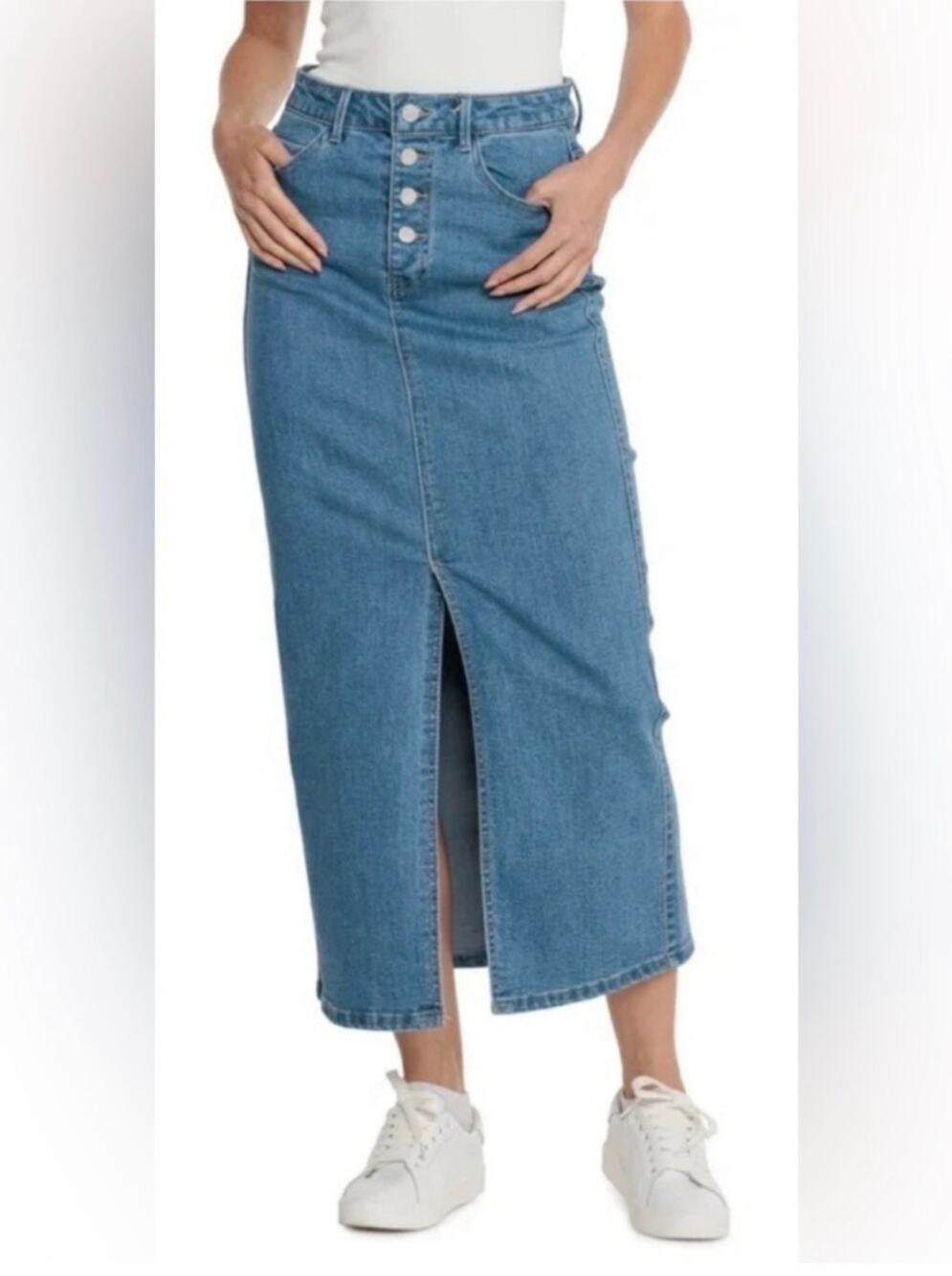 OAT New York High Rise Button Fly Denim Midi Skirt Front Slit Medium Wash Sz 8